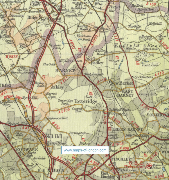 Old map of the London borough of Barnet