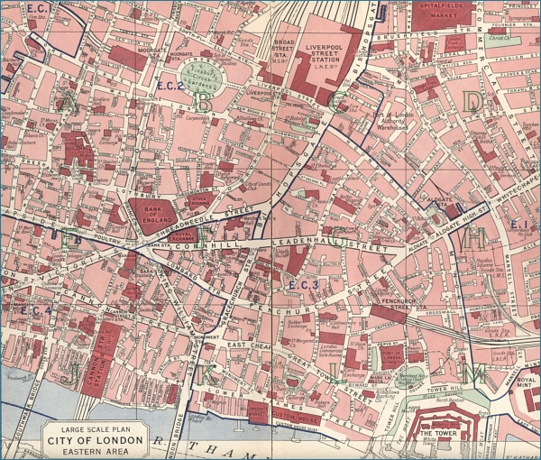 Map showing the eastern area of the City of London