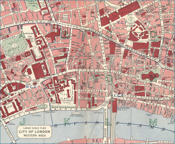 Map showing the western area of the City of London