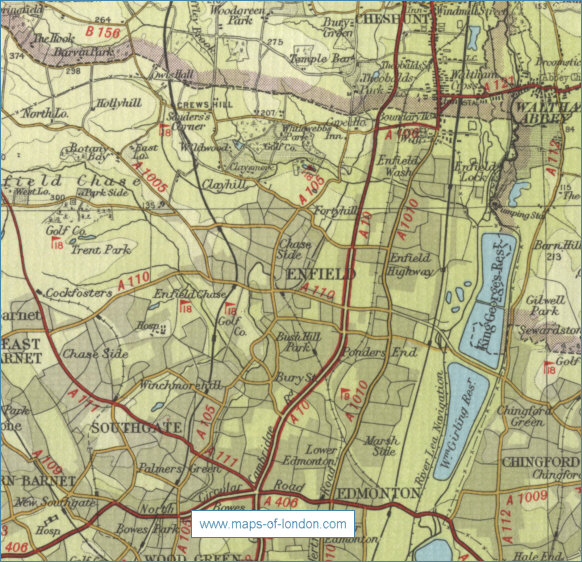 Old map of the London borough of Enfield