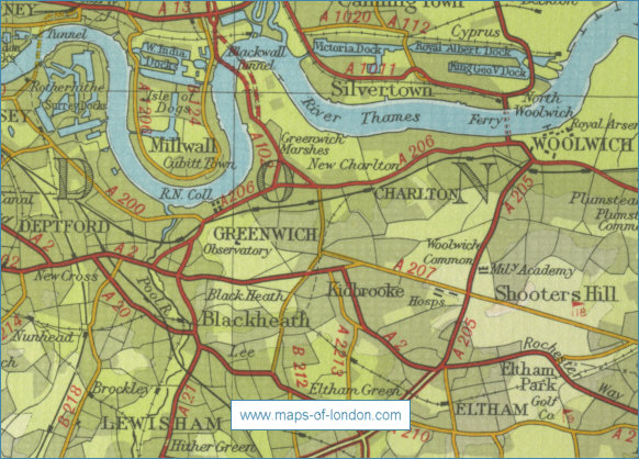 Old map of the London borough of Greenwich